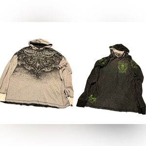 Affliction Gray Thermal Shirt Hoodie Cross Skull Wings Dble Sided Reversible 2XL